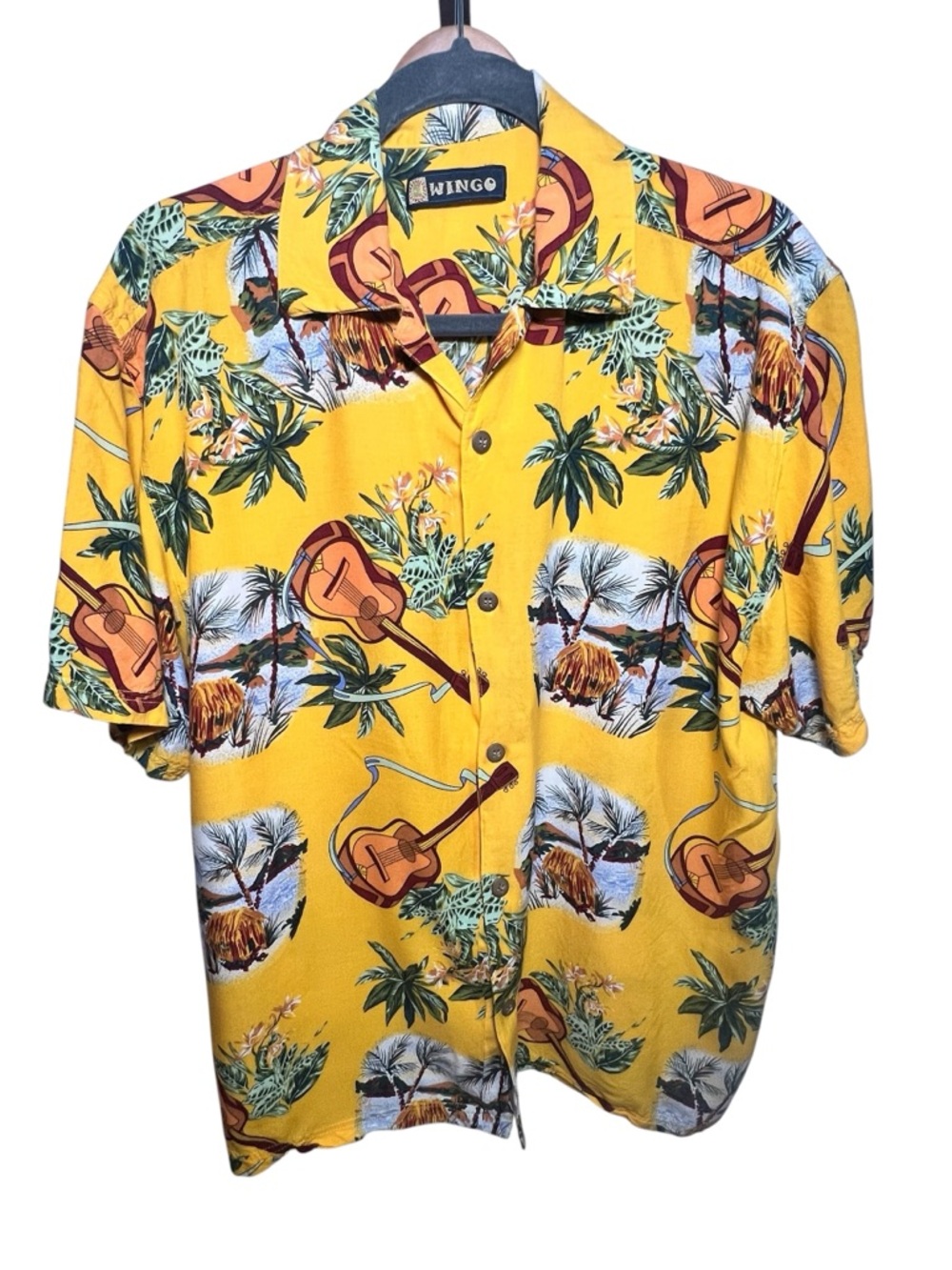 RINGO Yellow Hawaiian Guitar Print Short-Sleeve Shirt - Size large